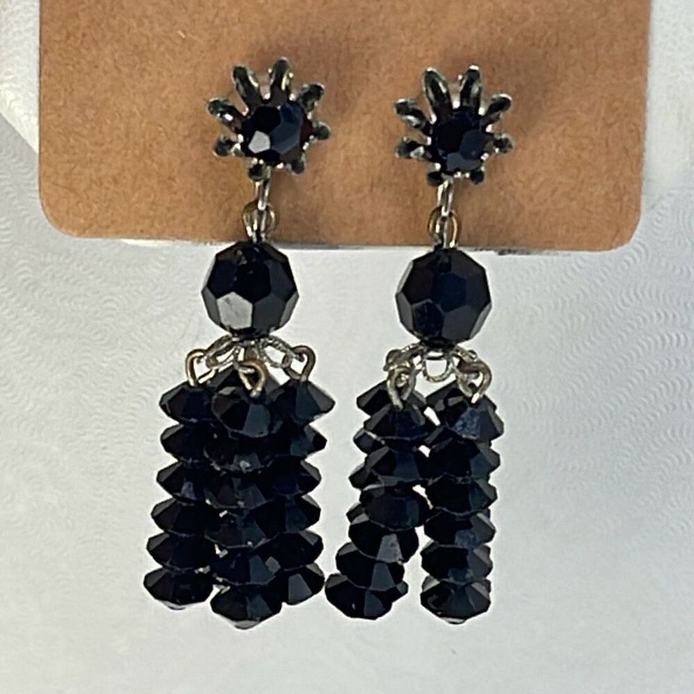 Vintage black cut glass bicone chandelier clip back earrings.